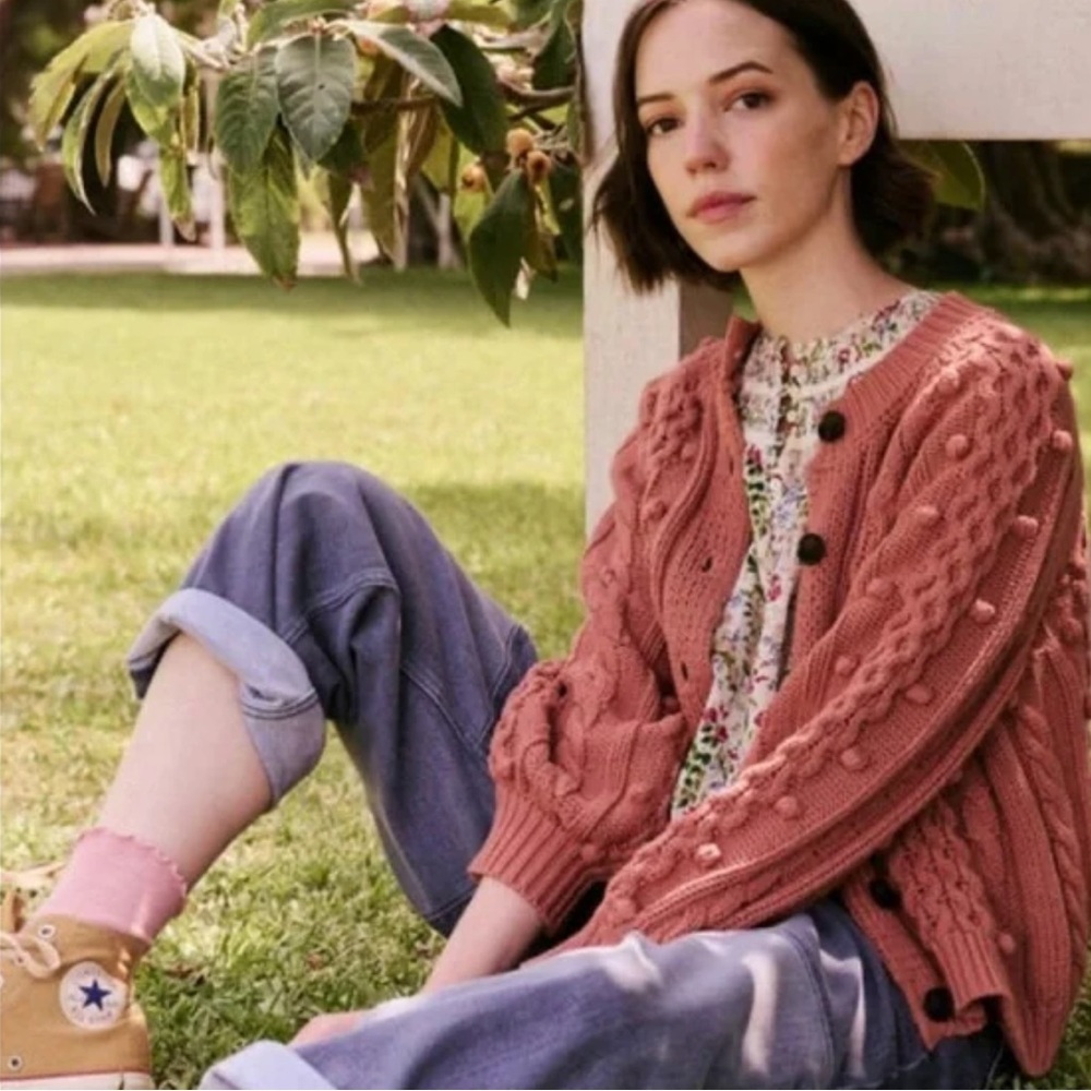 THE GREAT. Rose Cable-Knit Pom-Pom Cardigan
